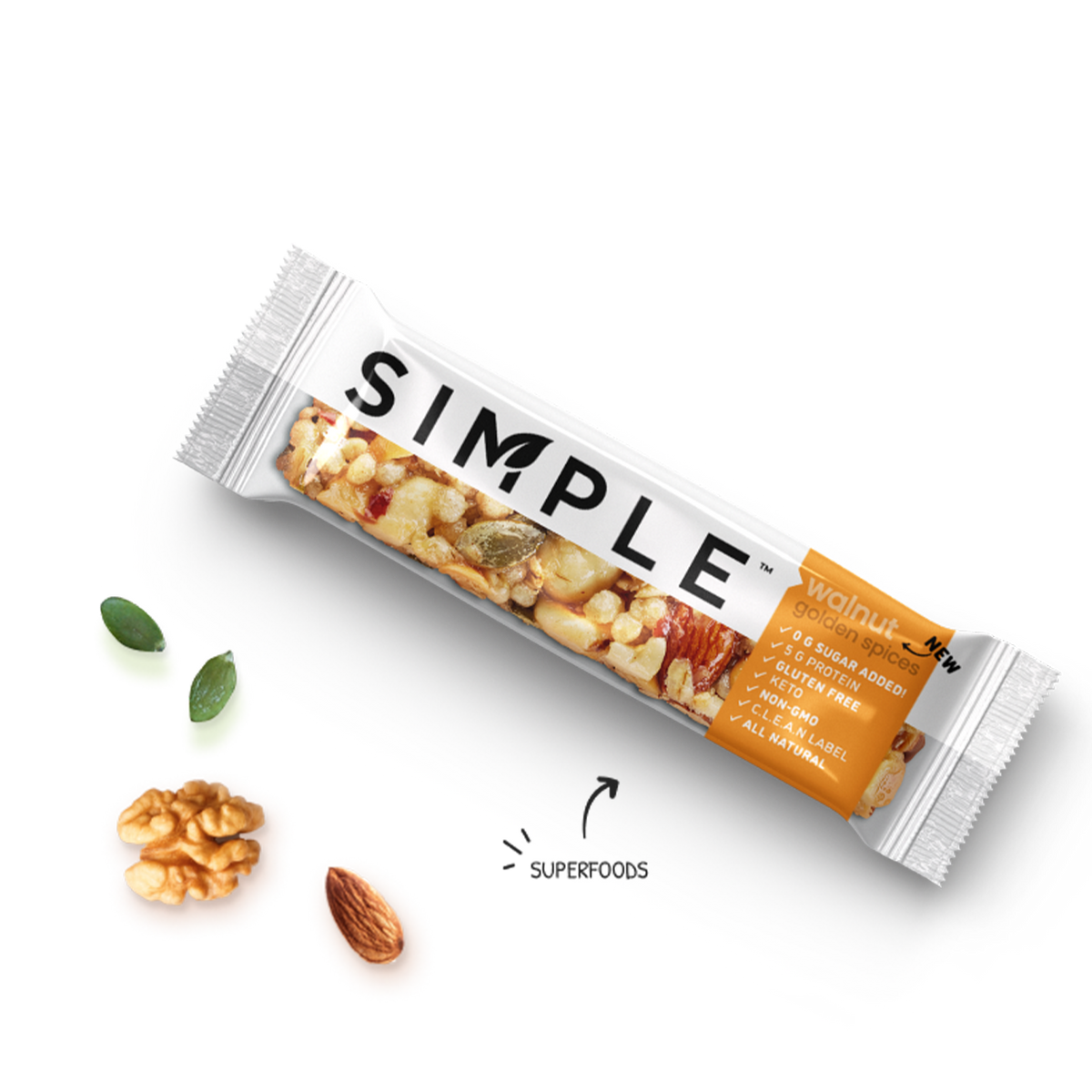 snack bar named SIMPLE, the flavor is walnut and golden spices and spread nuts