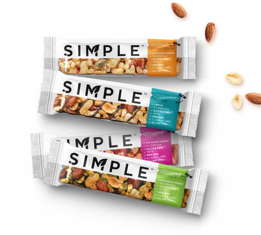simple bars showing benefits low sugar bar, allulose, clean label snack bars, almond & dragonfruit, chocolate sea salt, almond matcha & chia, walnut & golden spices, nut and seed bar, gluten free bars