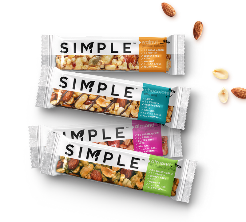 simple bars showing benefits low sugar bar, allulose, clean label snack bars, almond & dragonfruit, chocolate sea salt, almond matcha & chia, walnut & golden spices, nut and seed bar, gluten free bars