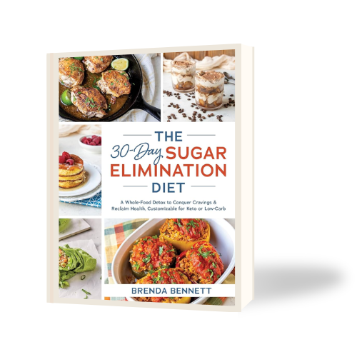 A book cover featuring 'The 30 Day Sugar Elimination Diet' with informative content on sugar-free living.