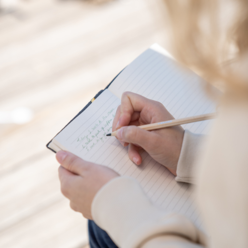 A person jotting down notes in a notebook with a pencil.